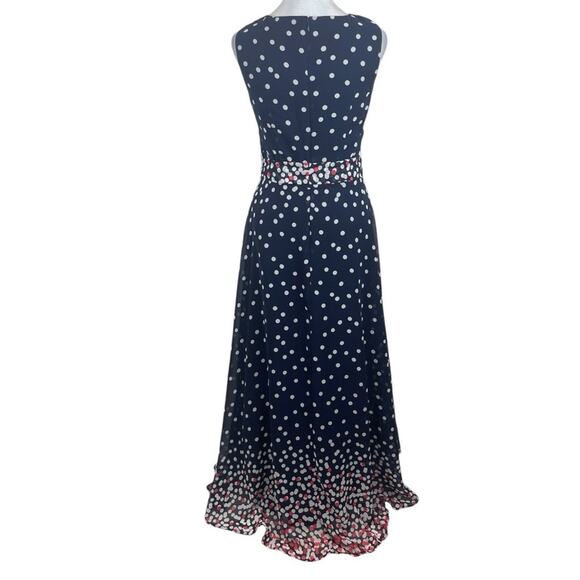 R & K Sheer Navy White Polka Dots Pleated Belted Feminine Maxi Dress NWOT Size 8 - Picture 6 of 13